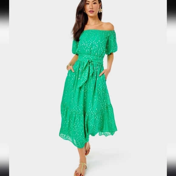 Lilly Pulitzer Dresses & Skirts - Lilly Pulitzer Tamie Off The Shoulder Midi Dress Botanical Green NWT Size Large
